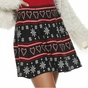 Juniors' Black & Red Snowflake Candy Cane Fair Isle Christmas Skirt